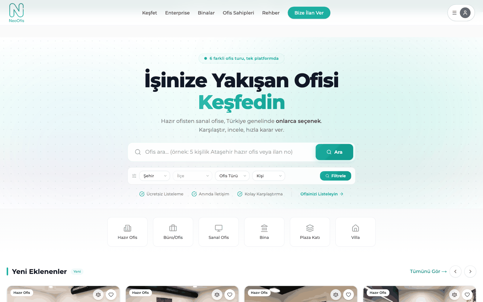 NeoOfis web platformunun ana sayfası